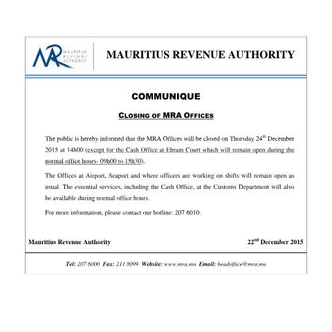 Document preview: Closing of MRA Offices (22.12.15) — Document, Mauritius (CERFA n°ClosingofMRAOffices)