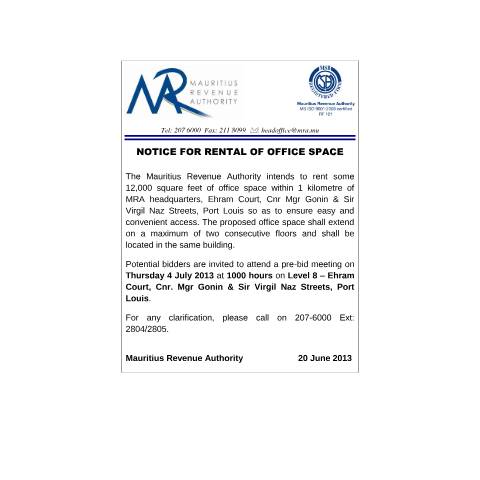 Document preview: Rental of Office Space (20.06.2013) — Notice / Circular, Mauritius (CERFA n°CommuniqueRentalOfficeSpace2013)