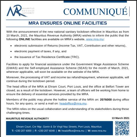 Document preview: MRA - Online Facilities (13.03.21) — Notice / Circular, Mauritius (CERFA n°COMMUNIQUE130321onlinefacilities)