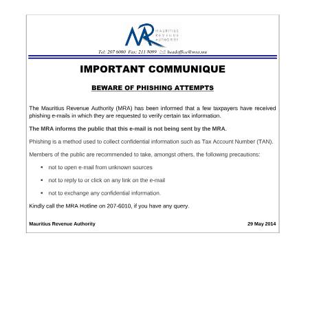 Document preview: Phishing Attempts (30.05.14) — Document, Mauritius (CERFA n°PhishingAttempts)