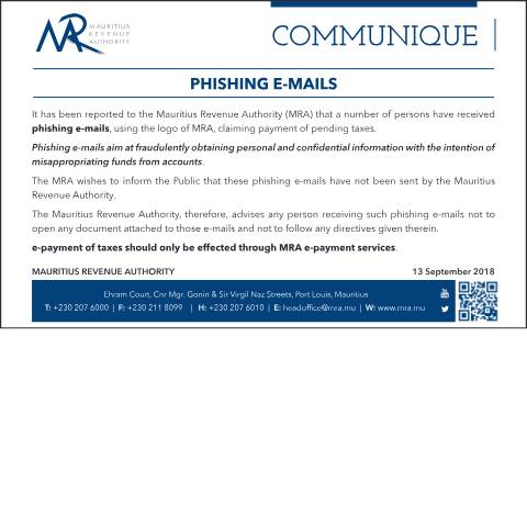 Document preview: Phishing e-Mails (13.09.18) — Document, Mauritius (CERFA n°Phising130918)