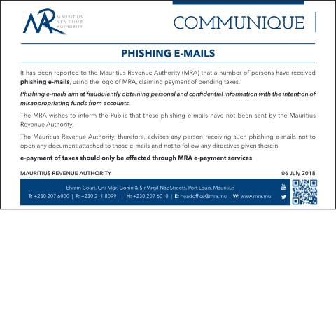 Document preview: Phishing e-mails (06.07.18) — Document, Mauritius (CERFA n°PhishingEmails)