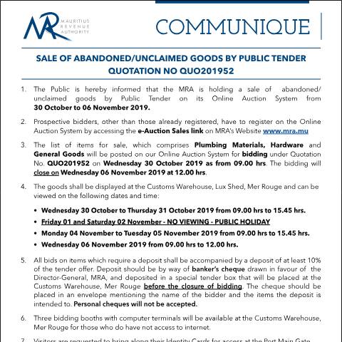 Document preview: Quotation 52 of 2019 — Notice / Circular, Mauritius (CERFA n°Communique52of2019)