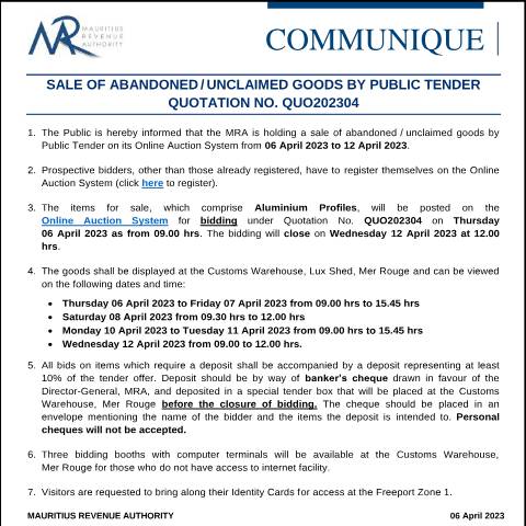 Document preview: Qu. 04 of 2023 (06.04.23) — Notice / Circular, Mauritius (CERFA n°CommuniqueQuo202304)