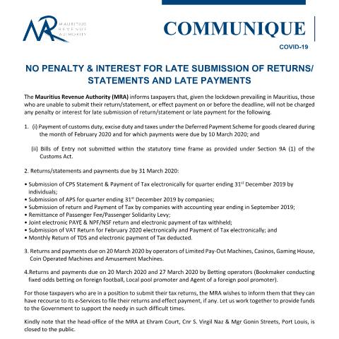 Document preview: No Penalty &amp; Interest for Late Submission of Returns / Statements and Late Payments (01.04.20) — Form, Mauritius (CERFA n°Communique010420)