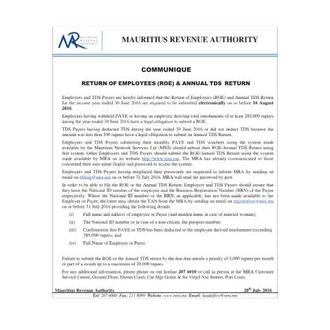 Document preview: Return of Employees (ROE) &amp; Annual TDS Return (20.07.16) — Form, Mauritius (CERFA n°ROEandAnnualTDSReturn)
