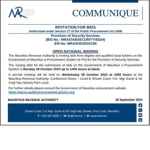 Document preview: Provision of Security Services (Bid No.: MRA/OABSECURITY/43/24) (26.09.24) — Notice / Circular, Mauritius (CERFA n°CommuniqueBid260924)