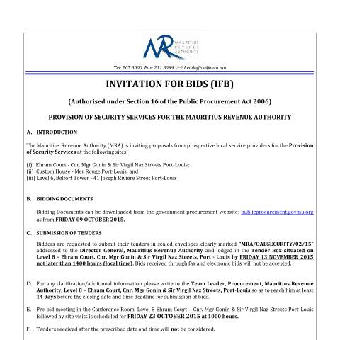 Document preview: Invitation for Bids:Provision of Security Services (09.10.15) — Document, Mauritius (CERFA n°NoticeSecurity081015)