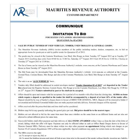 Document preview: Invitation to Bid : Quotation 2 of 2015 (12.08.15) — Document, Mauritius (CERFA n°InvitationBid120815)
