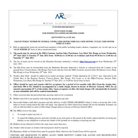 Document preview: Invitation to Bid - Quotation 2 of 2011 (24.06.2011) — Document, Mauritius (CERFA n°NoticeQ02of2011)