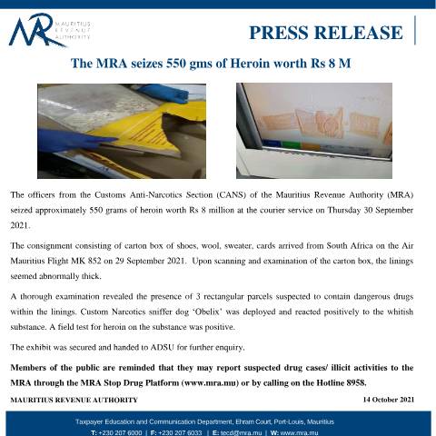 Document preview: The MRA seizes 550 gms of Heroin worth Rs 8 M (14.10.21) — Document, Mauritius (CERFA n°PressRelease141021)