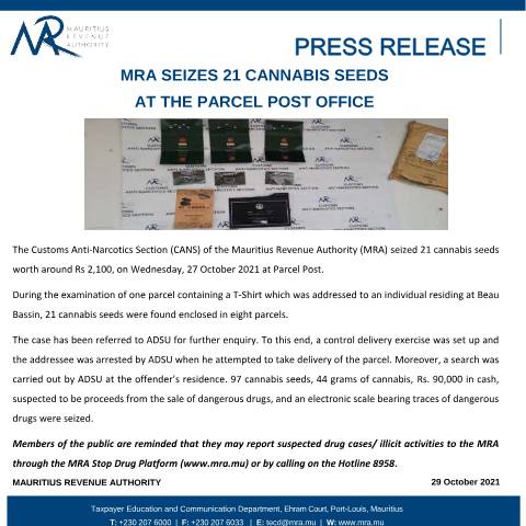 Document preview: MRA seizes 21 Cannabis seeds at the Parcel Post Office (29.10.21) — Document, Mauritius (CERFA n°Seizure291021)