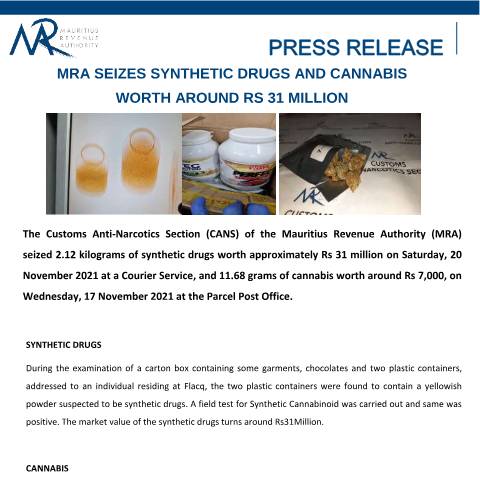 Document preview: MRA seizes synthetic drugs and cannabis worth around Rs 31 Million (26.11.21) — Document, Mauritius (CERFA n°PressRelease261121)