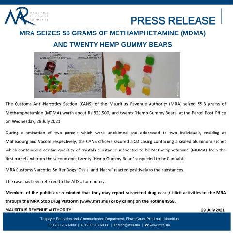 Document preview: MRA seizes 55 grams of Methamphetamine (MDMA) and twenty Hemp Gummy Bears (29.07.21) — Document, Mauritius (CERFA n°PressRelease290721)