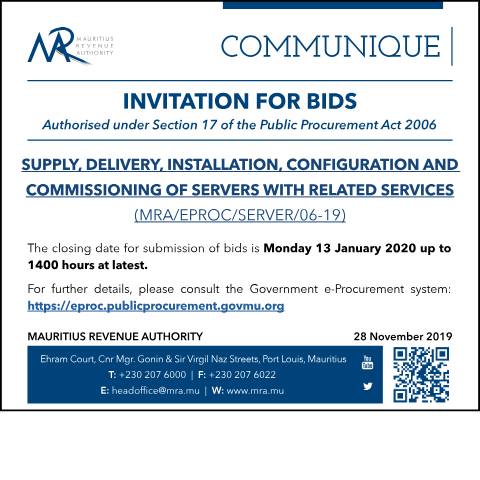 Document preview: Supply, delivery, installation, configuration and commissioning of servers with related services (28.11.19) — Notice / Circular, Mauritius (CERFA n°Communique281119)
