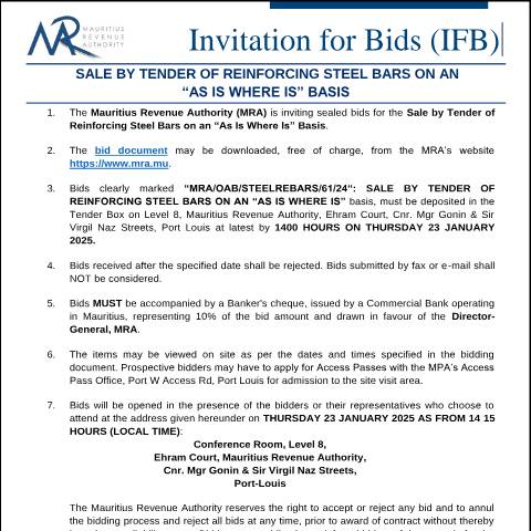 Document preview: Invitation for Bids (10.01.25) — Document, Mauritius (CERFA n°Bids100125)