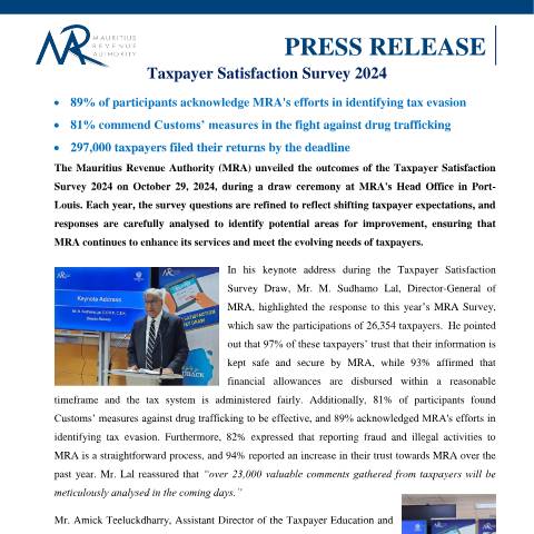 Document preview: Taxpayer Satisfaction Survey 2024 (29.10.24) — Document, Mauritius (CERFA n°PressReleaseTSS291024)