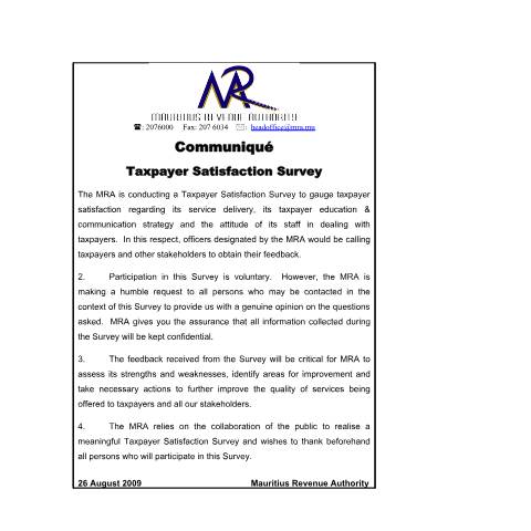 Document preview: Taxpayer Satisfaction Survey (26.08.2009) — Notice / Circular, Mauritius (CERFA n°TaxpayerSatisfCommunique)