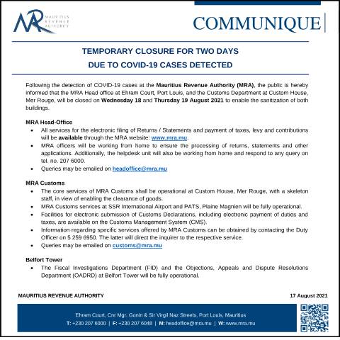 Document preview: Temporary Closure for Two Days : Due to COVID-19 Cases Detected — Notice / Circular, Mauritius (CERFA n°CommuniqueClosure170821)