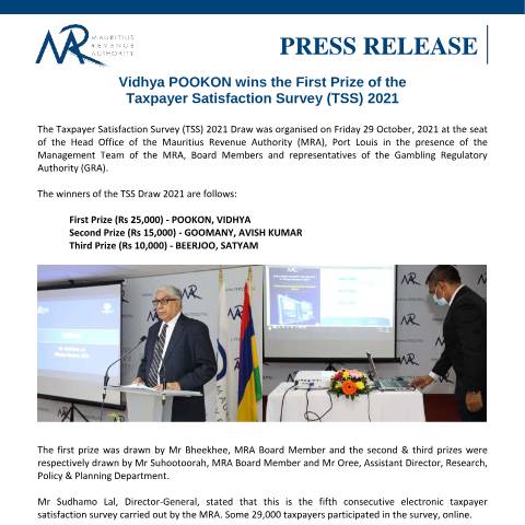 Document preview: Vidhya Pookon wins the first prize of the Taxpayer Satisfaction Survey (TSS) 2021 (29.10.21) — Document, Mauritius (CERFA n°PressReleaseTSS291021)