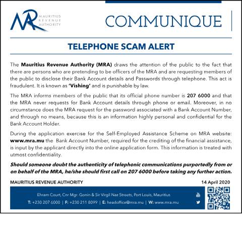 Document preview: Telephone Scam Alert (14.04.20) — Document, Mauritius (CERFA n°Vishing140420)