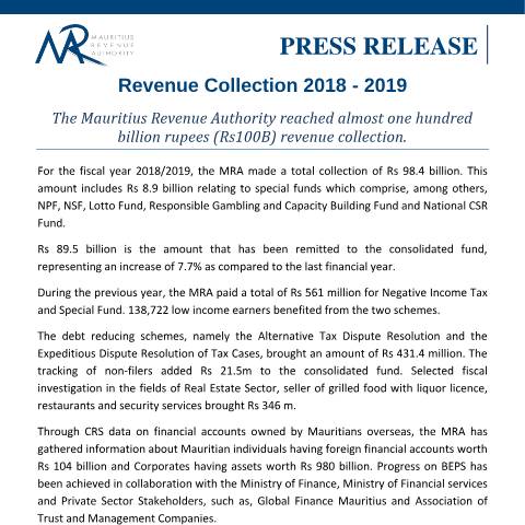 Document preview: Revenue Collection 2018 - 2019 (12.09.19) — Document, Mauritius (CERFA n°PressRelease120919)