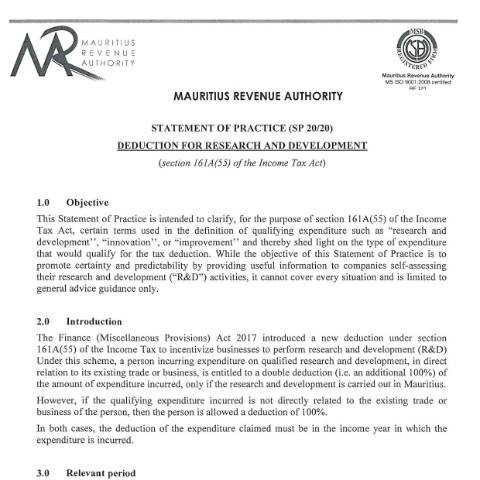 Document preview: SP 20/20 — Document, Mauritius (CERFA n°SOP-DeductionForResearch)