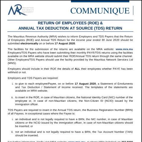 Document preview: Return of Employees (ROE) &amp; Annual Tax Deduction at Source (TDS) Return (29.07.20) — Form, Mauritius (CERFA n°CommuniqueROE290720)