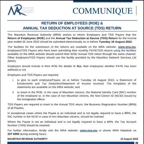 Document preview: Return of Employees (ROE) &amp; Annual Tax Deduction at Source (TDS) Return (10.08.22) — Form, Mauritius (CERFA n°CommuniqueROE100822)