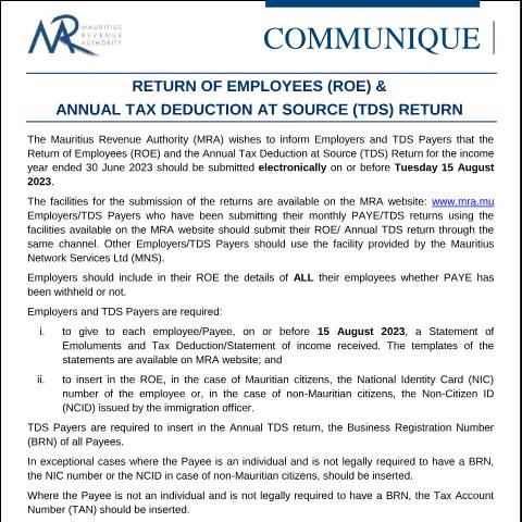 Document preview: Return of Employees (ROE) &amp; Annual Tax Deduction at Source (TDS) Return (07.08.23) — Form, Mauritius (CERFA n°CommuniqueROETDS070823)