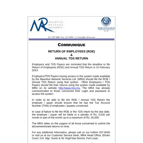 Document preview: Return of Employees (ROE) &amp; Annual TDS Return (11.02.2013) — Form, Mauritius (CERFA n°ROETDS120213)