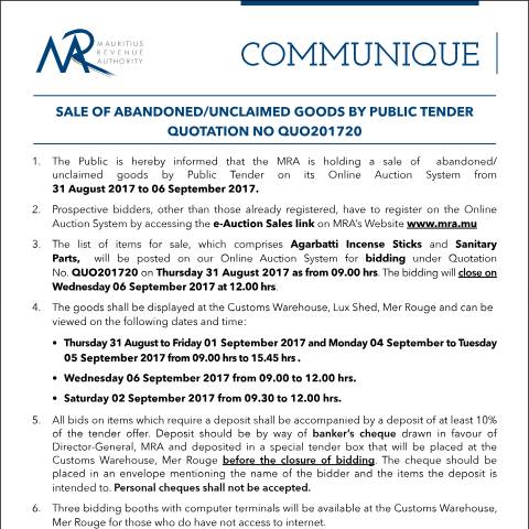 Document preview: Sale of Abandoned / Unclaimed Goods by Public Tender (29.08.17) — Form, Mauritius (CERFA n°CommuniqueQ20of2017)