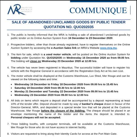 Document preview: Quotation 35 of 2020 — Notice / Circular, Mauritius (CERFA n°CommuniqueQ202035)