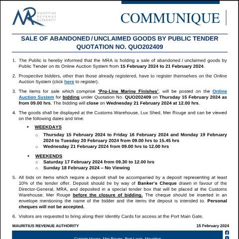 Document preview: Qu. 09 of 2024 (15.02.24) — Notice / Circular, Mauritius (CERFA n°CommuniqueQuo202409)