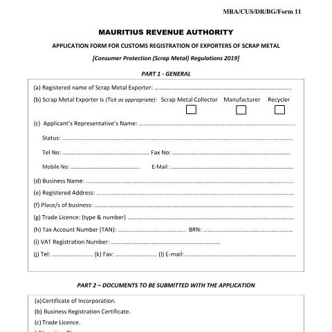 Document preview: Application Form for Customs Registration of Exporters of Scrap Metal — Form, Mauritius (CERFA n°MRA-CUS-DR-BG-Form11)
