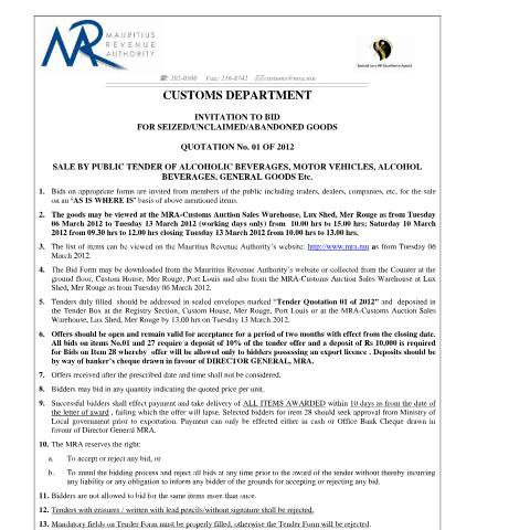 Document preview: Invitation to Bid (Auction sales) Quotation 1 of 2012&nbsp; (01.03.2012) — Document, Mauritius (CERFA n°NoticeQ1of2012)