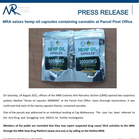 Document preview: MRA seizes hemp oil capsules containing cannabis at Parcel Post Office (19.08.21) — Document, Mauritius (CERFA n°PressRelease190821)
