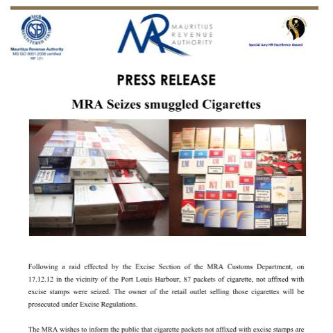 Document preview: MRA seizes smuggled cigarettes (18.12.2012) — Document, Mauritius (CERFA n°SmuggledCigarettes)