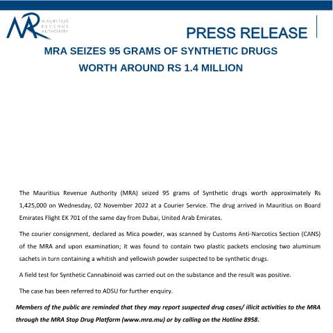 Document preview: MRA seizes 95 grams of synthetic drugs worth around Rs 1.4 million — Document, Mauritius (CERFA n°PressReleaseDrugs071122)