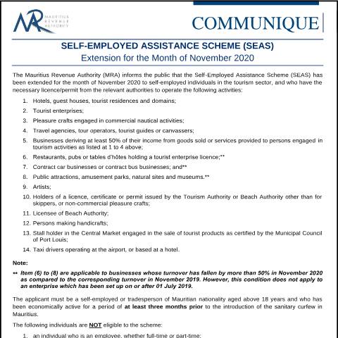 Document preview: Self-Employed Assistance Scheme (SEAS) — Notice / Circular, Mauritius (CERFA n°CommuniqueSEAS271120)