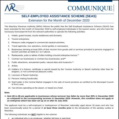 Document preview: Self-Employed Assistance Scheme (SEAS) — Notice / Circular, Mauritius (CERFA n°CommuniqueSEAS161220)