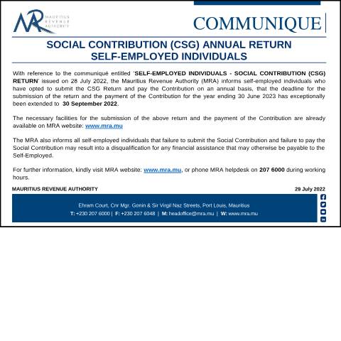 Document preview: Social Contribution (CSG) Annual Return Self-Employed Individuals (29.07.22) — Form, Mauritius (CERFA n°CommuniqueSelfEmployedIndividualCSG290722)