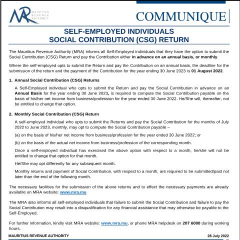 Document preview: Social Contribution (CSG) Return Self-Employed Individuals (28.07.22) — Form, Mauritius (CERFA n°CommuniqueCSG280722)