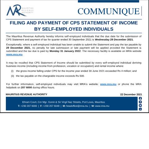 Document preview: Filing and Payment of CPS Statement of Income by Self-Employed Individuals (22.12.21) — Notice / Circular, Mauritius (CERFA n°CommuniqueCPS221221)