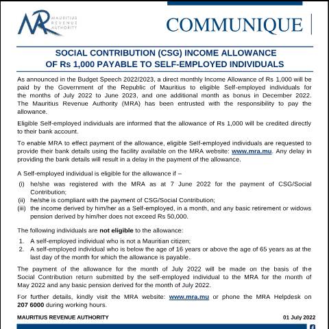 Document preview: Self-employed individuals — Notice / Circular, Mauritius (CERFA n°CommuniqueCSGSelfEmployed010722)