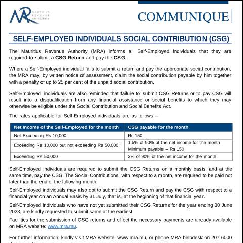 Document preview: Self-Employed Individuals Social Contribution (GSG) (30.05.23) — Notice / Circular, Mauritius (CERFA n°CommuniqueCSG300523)
