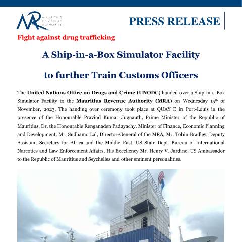 Document preview: A Ship-in-a-Box Simulator Facility to further train Customs Officers (16.11.23) — Document, Mauritius (CERFA n°PressRelease161123)