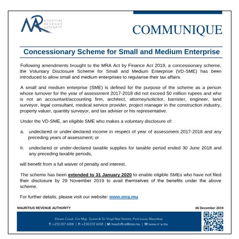 Document preview: Concessionary Scheme for Small and Medium Enterprise (06.12.19) — Notice / Circular, Mauritius (CERFA n°CommuniqueVDSME061219)