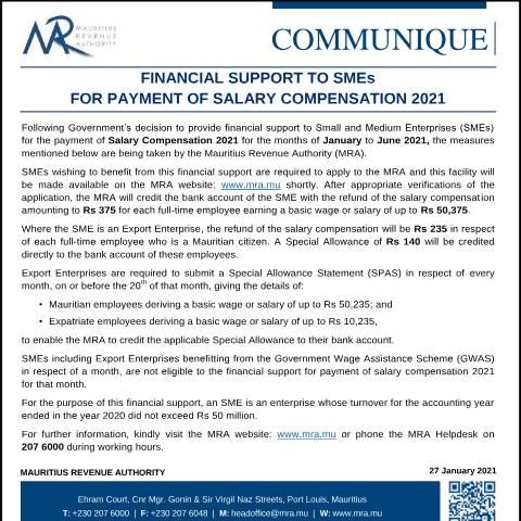 Document preview: Financial support to SMEs for payment of Salary Compensation 2021 (27.01.21) — Notice / Circular, Mauritius (CERFA n°CommuniqueFinancialSupport270121)