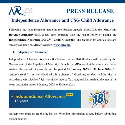 Document preview: Independence Allowance and CSG Child Allowance (11.07.23) — Document, Mauritius (CERFA n°PressRelease110723)